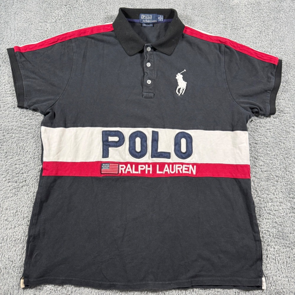 VTG Polo Ralph Lauren Rugby Shirt Mens M Color block Big Pony Custom Fit Spell O
